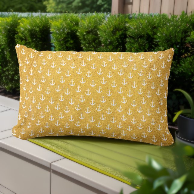 Almofada Lombar Travesseiros lombares amarelos - Dourados e Âncora (Yellow Outdoor Lumbar Pillow: Nautical Glam for Summer Vibes! ⚓️✨)