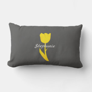 Almofada Lombar Tulipas Amarelas Padrão Monogramas Cinza Floral P