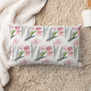 Almofada Lombar Tulipas Florais Rosa Folhas Verde Salgueiro Branco