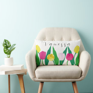 Almofada Lombar Tulipas Rosa Amarelo Roxo Verde Moderno Personaliz