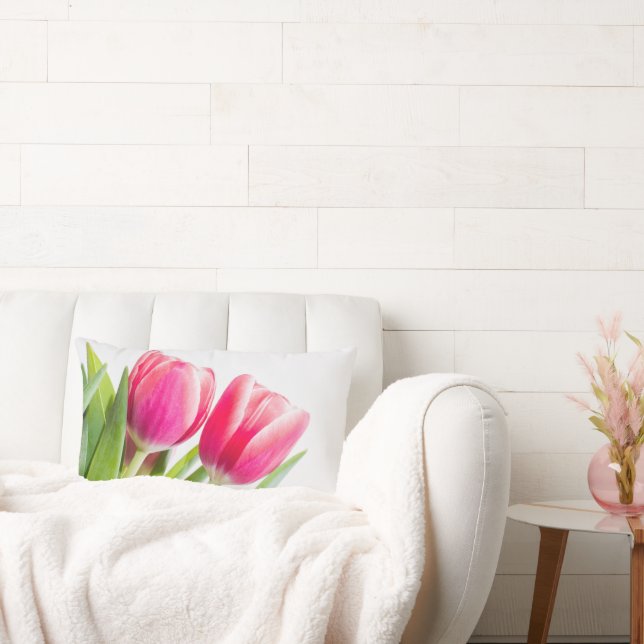 Almofada Lombar Tulipas Rosa com Foto de Folhas Verdes (Sofá)