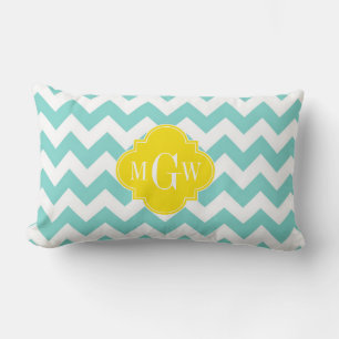 Almofada Lombar Turq / Aqua Wht Chevron Amarelo 3 Monograma Inicia