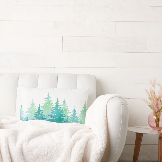 Almofada Lombar Turquesa Verde Aquarela Evergreen Trees (Sofá)