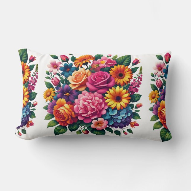 Almofada Lombar Vibrantes Zinnias e Cosmos Floral Design (Frente)