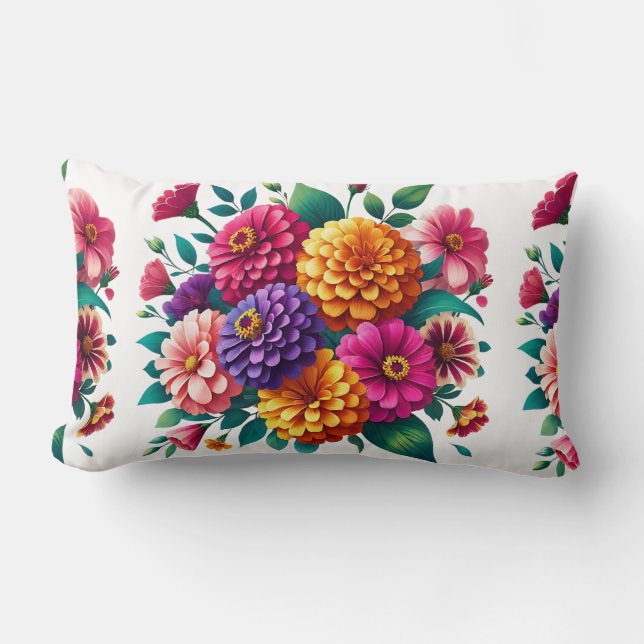 Almofada Lombar Vibrantes Zinnias e Cosmos Floral Design (Frente)