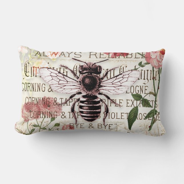 Almofada Lombar Vintage Bee Rose Bouquet Ephemera Decoupage (Frente)