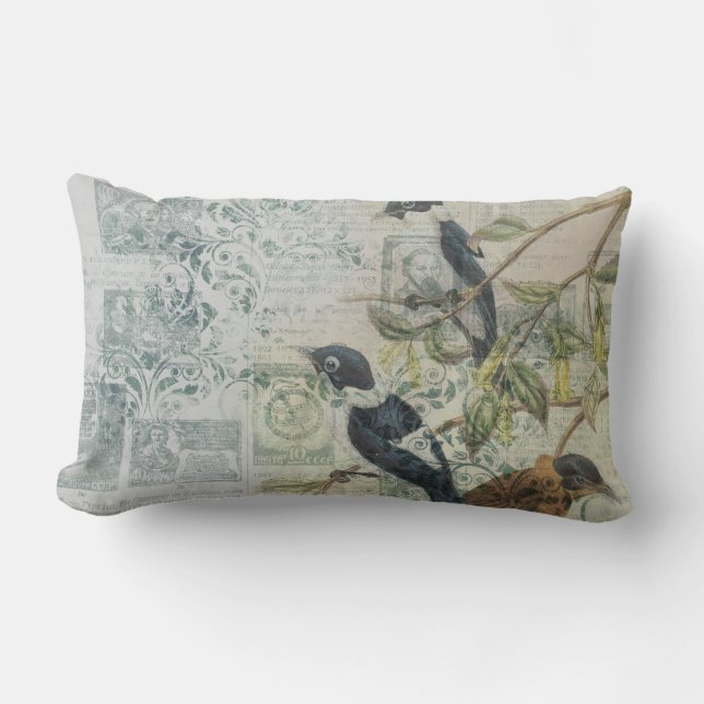 Almofada Lombar Vintage Bird Ephemera Decoupage Lumbar Cushion (Frente)