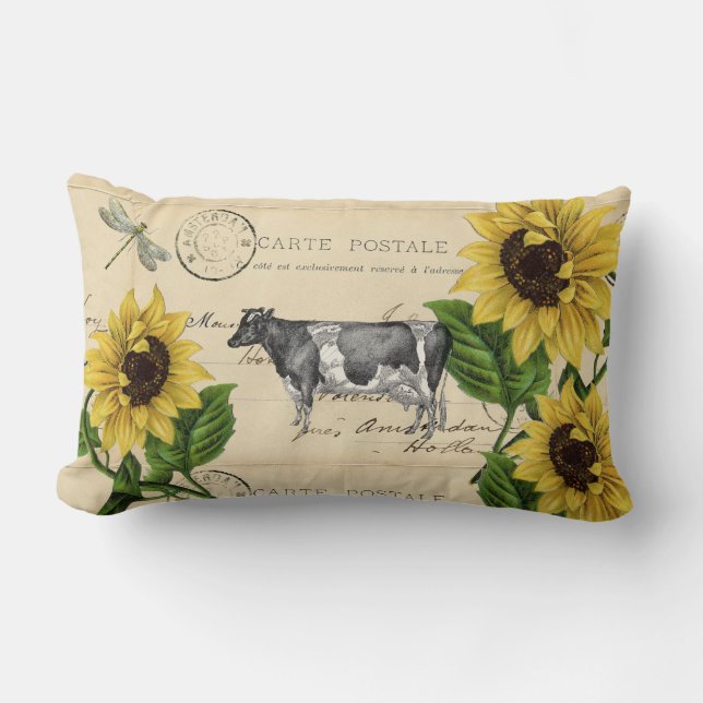 Almofada Lombar Vintage Cow Yellow Sunflower Postcard Travesseiro  (Frente)