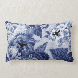 Almofada Lombar Vintage do azul de índigo botânico & insetos Toile