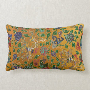 Almofada Lombar Vintage Dourado do teste padrão de flor do dragã