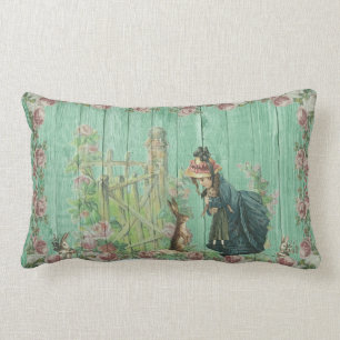 Almofada Lombar Vintage Easter Bunny e Girl no Rosa Garden 