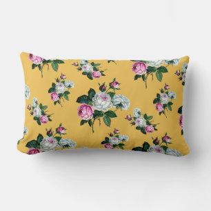 Almofada Lombar Vintage Floral Chique Rosa Rosas Brancas Amarelas