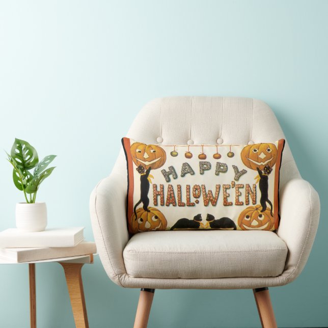 Almofada Lombar Vintage Halloween, Gatos Negros com Jackolanteras (Cadeira)