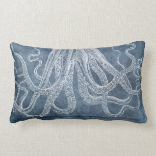 Almofada Lombar Vintage Octopus Twilight Blue Denim Watercolor