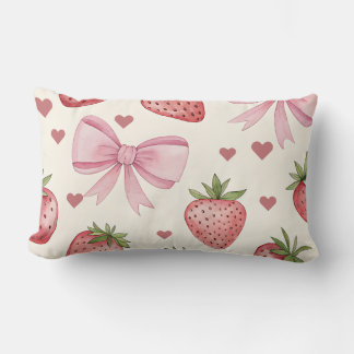 Almofada Lombar Vintage Strawberry and Pink Bows Coquette Pillow