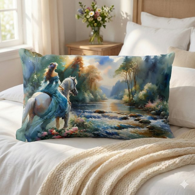 Almofada Lombar Watercolor Forest River Horsewoman Dreamscape (Watercolor Forest River Horsewoman Dreamscape Lumbar Pillow Mockup a)