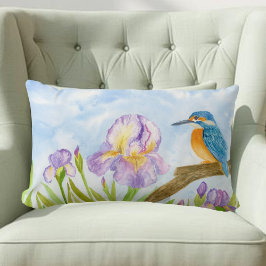 Almofada Lombar Watercolor Kingfisher with Purple Irises 