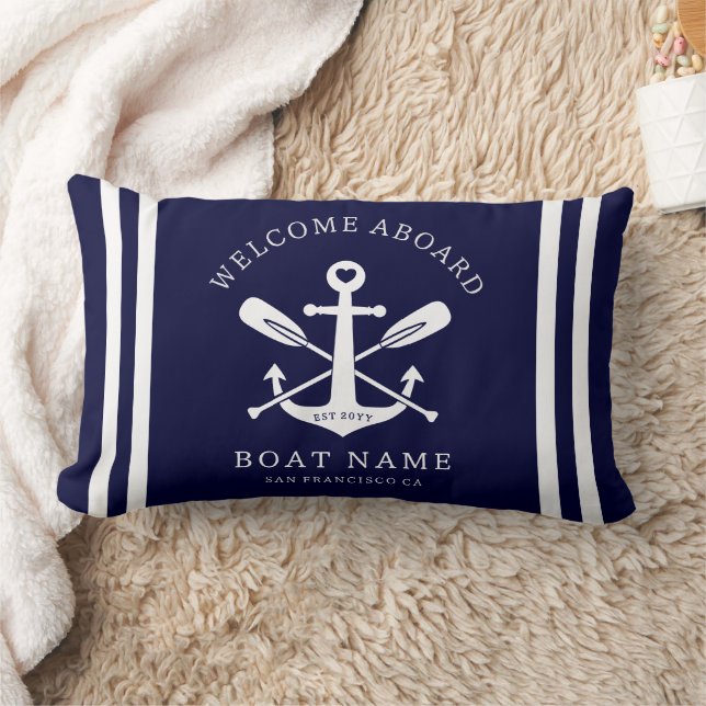 Almofada Lombar Welcome Aboard Boat Name Nautical Anchor | Blue (Cobertor)