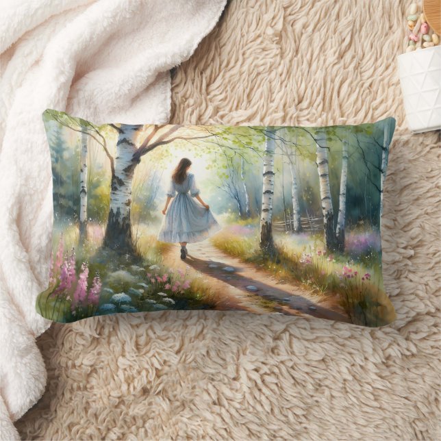 Almofada Lombar Whimsical Girl Dancing Through Birch Forest (Cobertor)