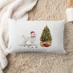 Almofada Lombar White Poodle Engraçado Cachorro de Natal com Árvor