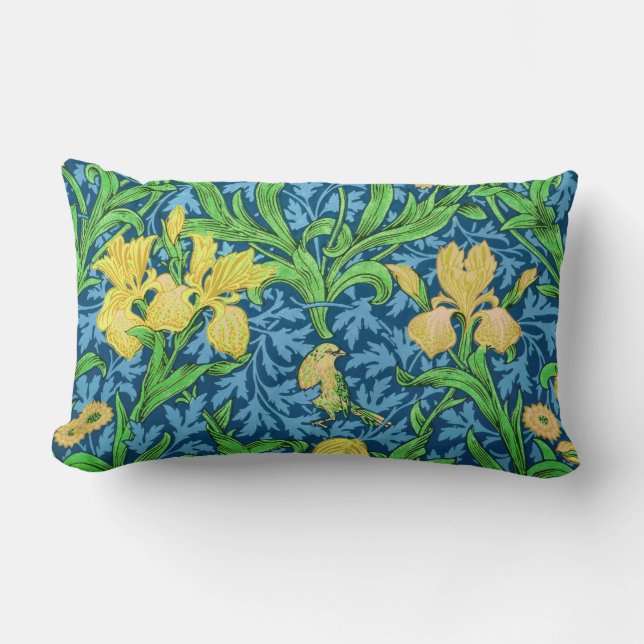 Almofada Lombar William Morris Irises, Amarelo e Azul Cobalto (Frente)