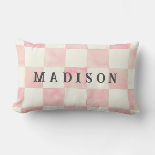 Almofada Lombar Xadrez de Aquarela Rosa Nome Personalizado