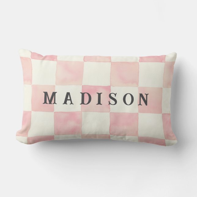 Almofada Lombar Xadrez de Aquarela Rosa Nome Personalizado (Frente)