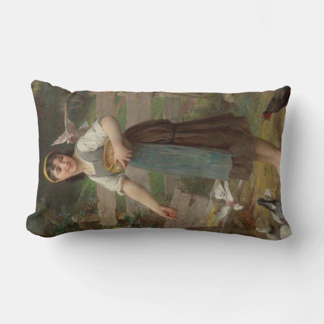 Almofada Lombar Young Girl Feeding the Doves (por Émile Munier) (Frente)