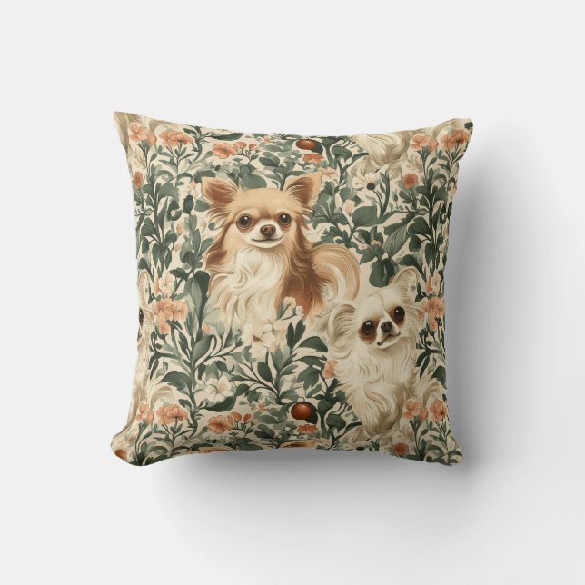 Almofada Long Haired Chihuahuas William Morris estilo flora (Frente)