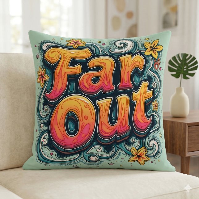 Almofada Longe Retro Psicodélico Groovy Hippie dos Anos 70 (Far Out Retro 70s Psychedelic Groovy Hippie Throw Pillow Mockup A)