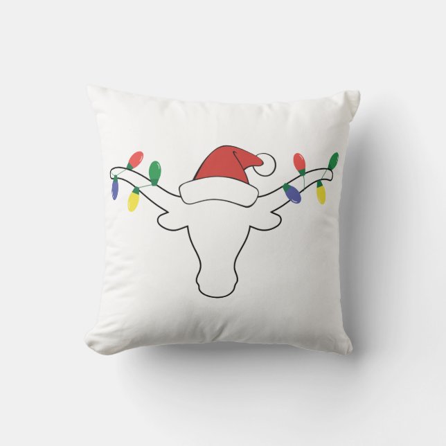 Almofada Longhorn Branco com Luzes de Natal e chapéu de Pap (Frente)