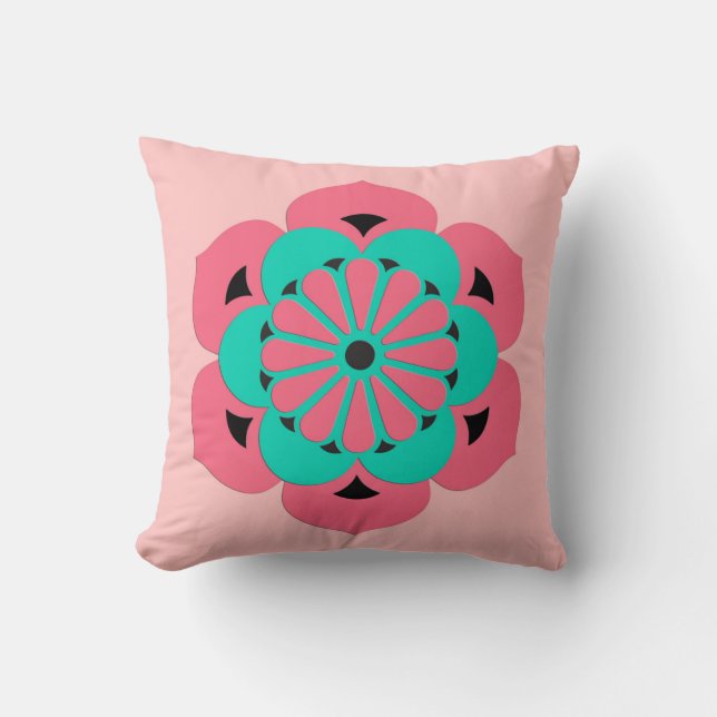 Almofada Lotus Flower Mandala, Coral Rosa e Turquesa (Frente)