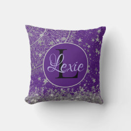 Almofada Lotus Mandala com estrelas prateadas em roxo