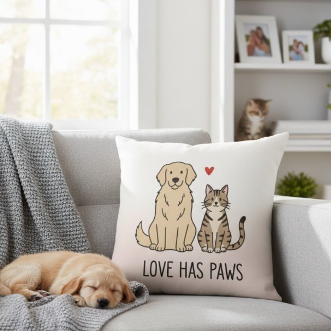 Almofada Love Has Paws | Cute Minimalist Dog and Cat Illust (Criador carregado)