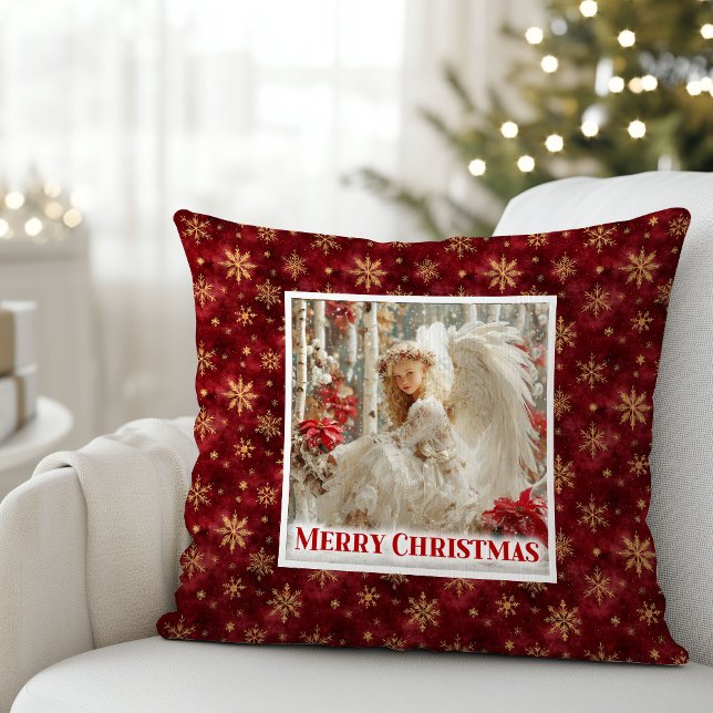 Almofada Lovely Angel Poinsettia Red Gold Holiday Christmas (Lovely Angel Poinsettia Red Gold Holiday Christmas Pillow

)