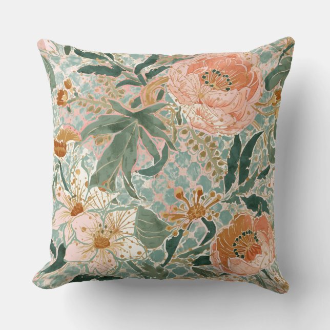 Almofada Lovely Blooming Peach Flowers and Leaves, Pattern (Frente)