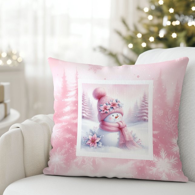 Almofada Lovely Pink Snowman Pillow Soft Winter Scene (Lovely Pink Snowman Pillow Soft Winter Scene)