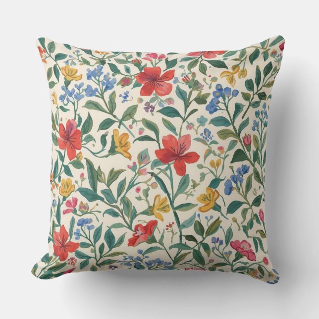 Almofada Lovely, Red Yellow Blue Flowers and Leaves Pattern (Frente)