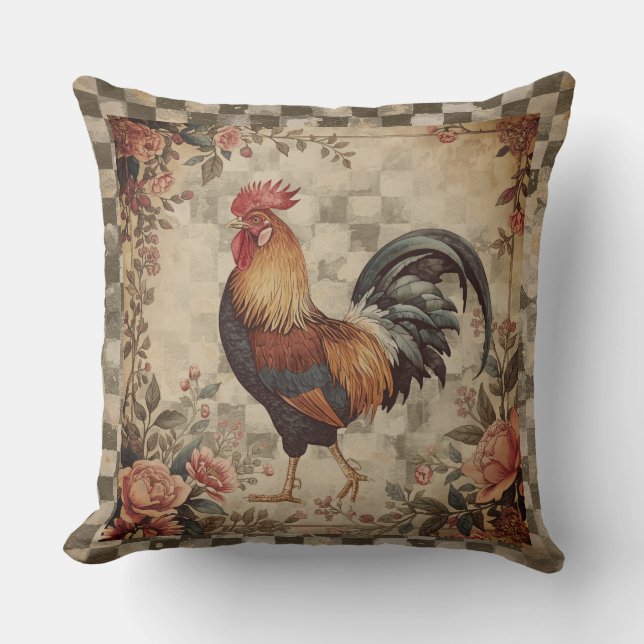 Almofada Lovely Vintage Rooster and Flowers Pattern (Frente)