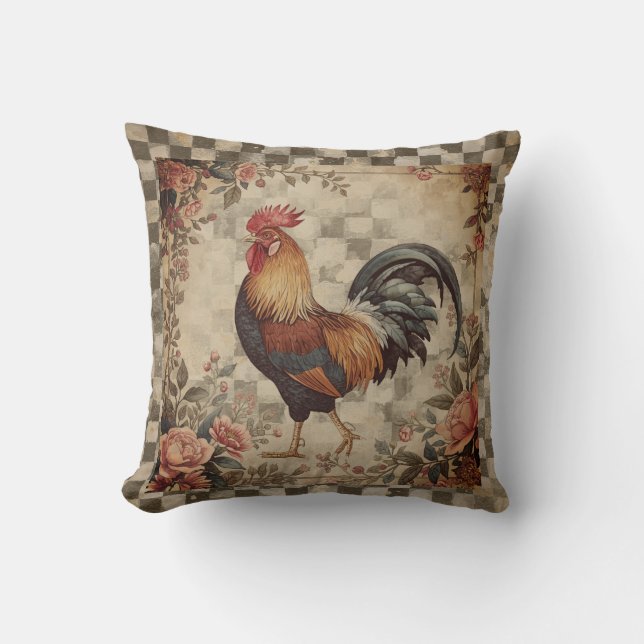Almofada Lovely Vintage Rooster ,Flowers Pattern, Checke (Frente)
