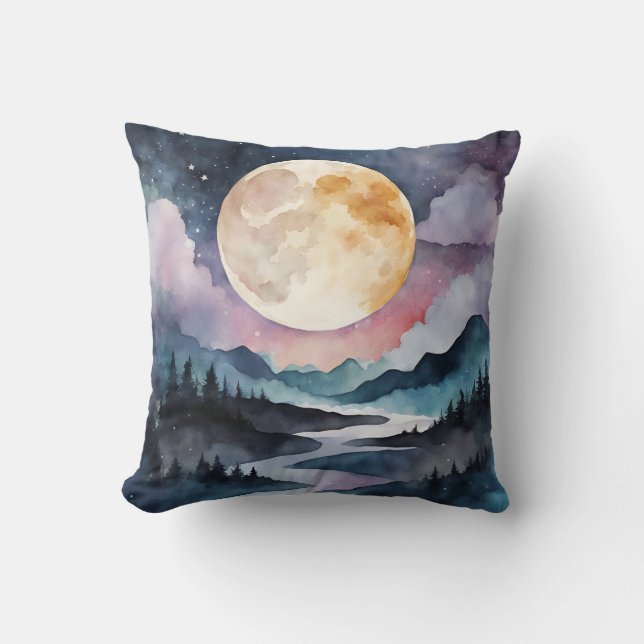 Almofada Lua Cheia Sobre Montanhas E Florestas (Frente)
