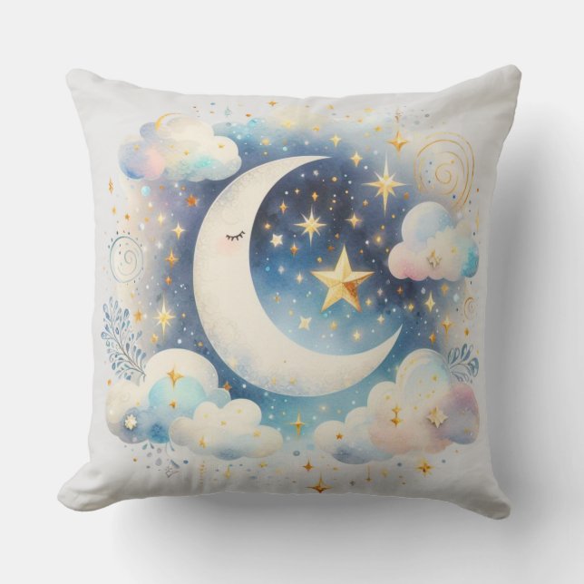 Almofada Lua Crescente Azul e Branco Celestial Boho Moderno (Frente)