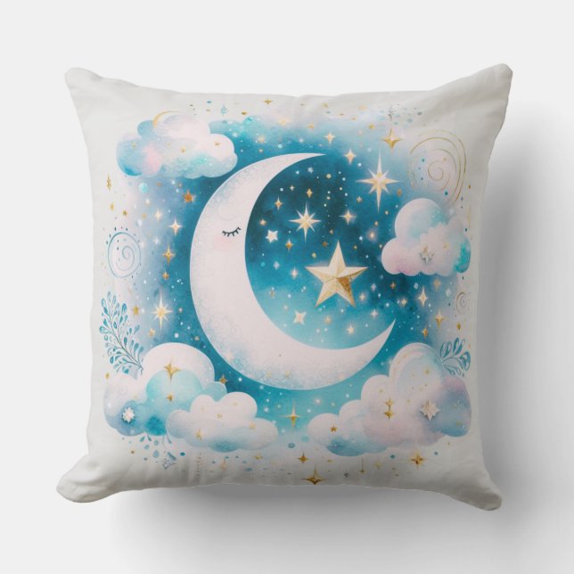 Almofada Lua Crescente Azul e Branco Celestial Boho Moderno (Frente)