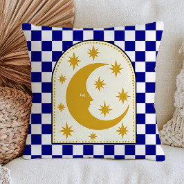 Almofada Lua Crescente Boêmia Amarela Xadrez Azul 