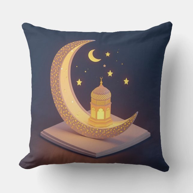 Almofada Lua Crescente Dourada com Arte de Lanterna Islâmic (Frente)