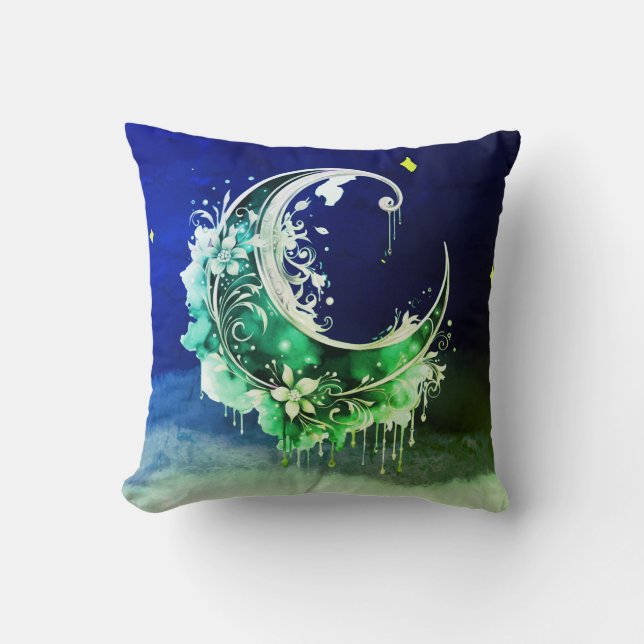 Almofada Lua crescente estrelada de Halloween verde e doura (Frente)