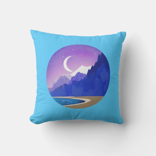 Almofada Lua Crescente, Lago e Montanhas em Violeta e Azul (Frente)