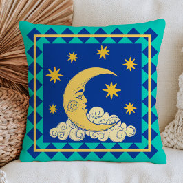 Almofada Lua Crescente Retro Rosto Místico Celestial Azul