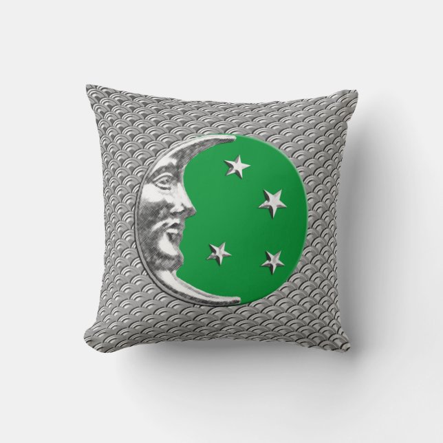 Almofada Lua e estrelas do art deco - verde e prata de jade (Frente)