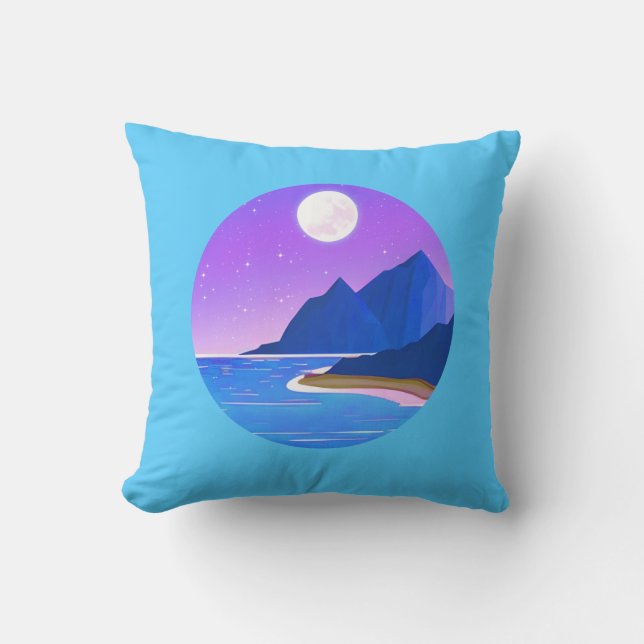 Almofada Lua, Estrelas do Mar e Montanhas em Violeta e Azul (Frente)